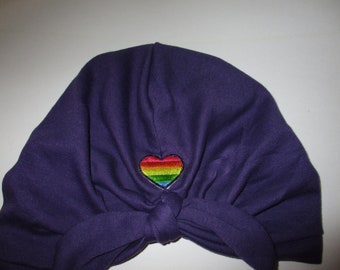 Purple Turban w/Bow and PRIDE Embroidered Heart  Cotton Stretch  Chemo Hat, Cancer Turban Womens Hat Hospital Headcover