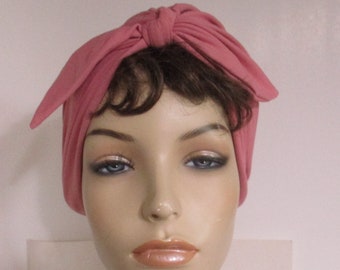 Dusty Pink Turban w Bow  Cotton Stretch  Chemo Hat, Cancer Turban Womens Hat Hospital Headcover Alopecia Bad Hair Day Fashion Turban