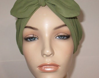 Med Green Knit w Bow Wear 2 WaysTurban, Chemo Hat, Women's Alopecia Cancer Hat