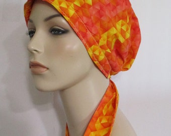 Chemo Hat Orange Yellow Geometric Print  Cancer Scarf, Modest Hat, Alopecia Free Ship USA