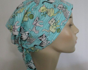 Chemo Hat Scrub Cap  Kittens w Bows  Cancer Hat Hijab Alopecia Nurses Hat