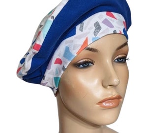 Womens Confetti with Blue Band French Beret, Turban, Chemo Hat, Hats for Hair Loss