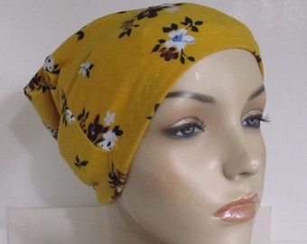 Yellow  Print Stretch Knit Chemo Hat Slouch Yoga Exercise Bikers Cancer Headcover Alopecia Beach Wear