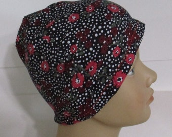 Kids Chemo Hat, Burgundy Floral Print, Stretch Knit, Children Hat for Sleep Alopecia Warmth