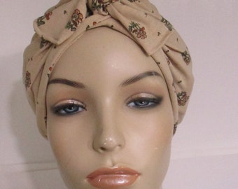 Tiny Fall Floral BAMBOO Cotton  Stretch Turban w Bow   Chemo Hat, Cancer Turban Womens Hat Hospital Headcover Alopecia  Bad Hair Day