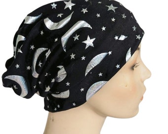 Bonnet chimio argenté lune et étoiles froncés Alopécie exercice yoga jardinage Cancer chapeau Cancer cadeau chimio chapeaux