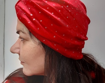 Chemo Hat Red Sparkles Velour Knit Turban, Snood, Womens Hat Cancer Hat Alopecia Modest headwear