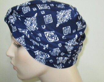 Navy White Lycra Stretch Turban, Chemo Hat, Cancer Turban, Womens Hat