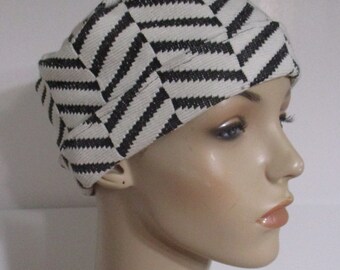 Black White Woven Stretch Cotton Herringbone Pillbox Winter Hat Cancer, Chemo Hat, Warm Hat