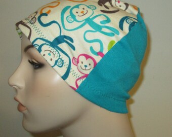 Chemo Hat Kids Monkey Business  Flannel Kid's  Cancer Cap, Alopecia, Sleep Cap