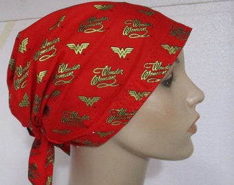 Red Gold Wonder Woman Scrub Cap  Chemo Hat  Cancer Hair Loss Alopecia