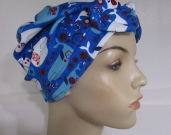 Turban Happy Whales w Bow  Cotton Stretch  Chemo Hat, Cancer Turban Womens Hat Hospital Headcover Looks Great w Hair or Withoiut Hair