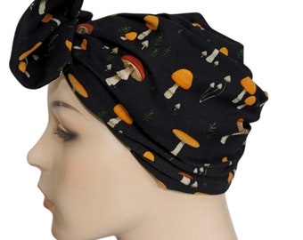 Magic Mushrooms Shrooms Turban with Bow Cotton Poly Stretch Chemo Hat, Cancer Turban Hair loss