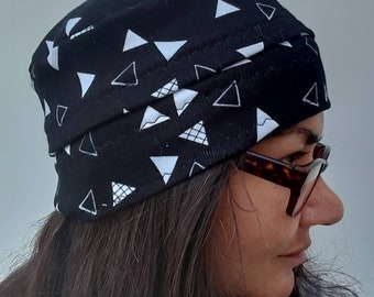 Womens Pillbox Black White Triangles Print  Knit Chemo, Cancer, Alopecia Hat, Hair loss Yoga Exercise  Hat