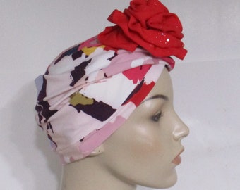 SALE Last One - Gift for Cancer Patient Turban w Rose Alopecia Hospital Hat Cancer Cap  Fashion Turban