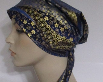 Gorgeous Metallic Gold and Blue Print l Head Scarf Cancer Chemo Hat for Alopecia Religious Cover Wrap Easter Hat