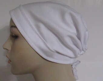 Cozy Chemo Stretch Knit White Sleep Cap, Cancer Hat, Hair Loss Nurse Veterinarian Scrub Hat Alopecia w/Ponytail Opening