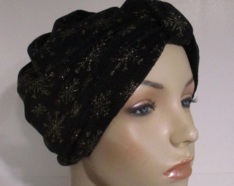 Turban Black Velour w Gold Glitter Snowflakes Stretch Chemo Hat, Cancer Turban Womens  Hospital Headcover Alopecia