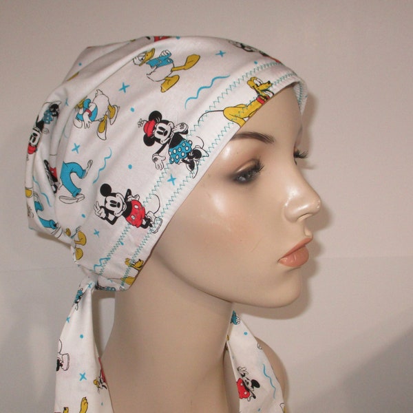Chemo Hat  Mickey Donald Goofy Pluto Print Cancer Hat,  Alopecia Head Cover  Made in USA