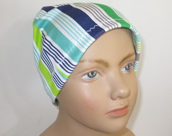 Green Stripes, Kid's Chemo Hat, Cancer Care Package, Sleep Hat, Chemo Headwear