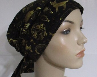 Halloween Black and Gold Chemo Hat, Women's Scrub Cap, Halloween Candy, Cancer Scarf, Hijab, Modest Headwear