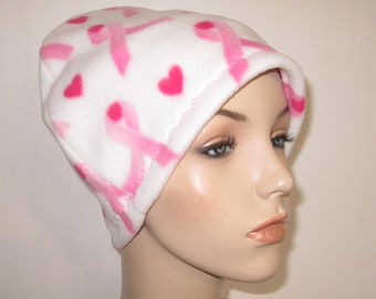 Breast Cancer Awareness Hat, Women's Anti Pill Fleece Hat, Pink Ribbons, Cancer Care Package