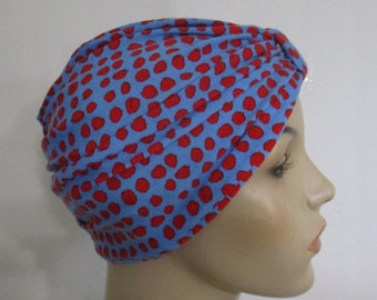 Blue Red Polka Dots Knit Chemo Turban, Snood, Womens Hat Cancer Hat Alopecia Modest headwear