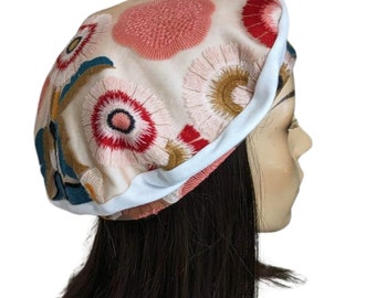 Womens Embroidered Beret, Turban, Chemo Hat, Hats for Hair Loss