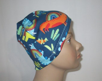 Kid's Chemo Hat, Dinosaurs and Rainbows Children's Cancer Cap, Alopecia, Sleep Cap