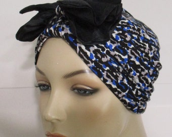 Turban Blue Abstract Print  with Removable  Bow Chemo Hat, Snood, Womens Hat