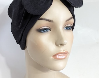 Black Turban with Bow Cotton Poly Stretch Chemo Hat, Cancer Turban Hair loss