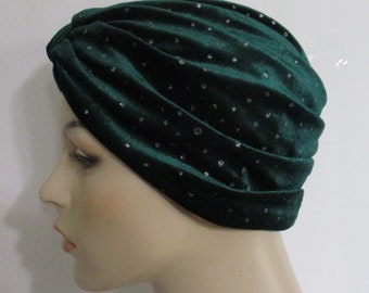 Chemo Hat Green Sparkles Velour Knit Turban, Snood, Womens Hat Cancer Hat Alopecia Modest headwear