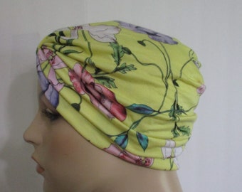 Chemo Hat Yellow Floral  Knit Turban, Snood, Womens Hat Cancer Hat Alopecia Modest headwear