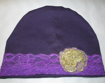 Kid's  Purple w Purple Lace  Gold Applique Chemo Hat, Gift for Cancer Patient Cancer Hat, Hair Loss, Alopecia