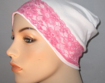 White Sleep Cap with Pink Lace Trim, Cancer Hat, Hair Loss, Lounge Cap, Chemo Hat