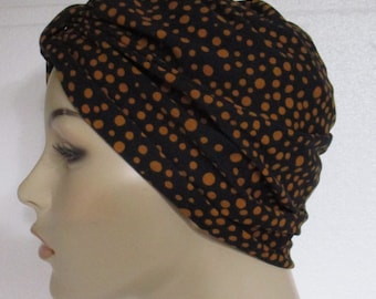 Turban Black and Caramel Dots  Chemo  Soft Knit Stretch Hat Womens Hat