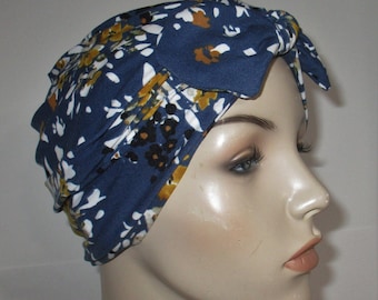 Womens Blue and Yellow Floral Turban/WITH Bow  Chemo Hat Gift for Cancer Patient Knit Turban Alopecia Bad Hair Day