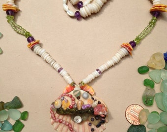 Tiny Pink Opal Gems with Mottled Kauai Puka Shell Necklace