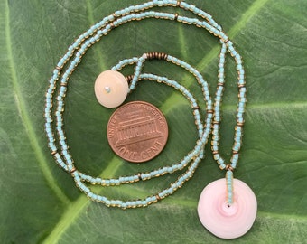 Tiny Pink Opal Gems with Mottled Kauai Puka Shell Necklace