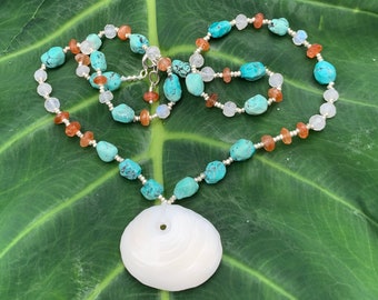 Tiny Pink Opal Gems with Mottled Kauai Puka Shell Necklace