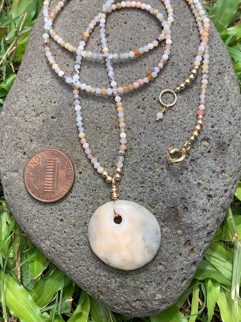 Tiny Pink Opal Gems with Mottled Kauai Puka Shell Necklace
