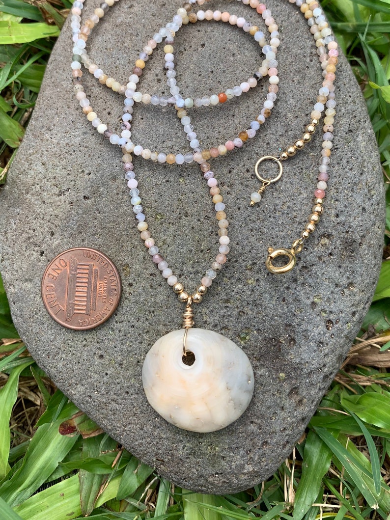 Tiny Pink Opal Gems with Mottled Kauai Puka Shell Necklace