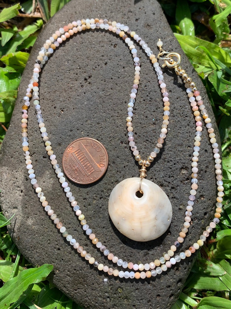 Tiny Pink Opal Gems with Mottled Kauai Puka Shell Necklace
