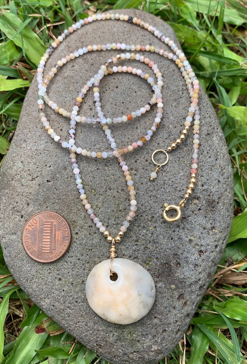 Tiny Pink Opal Gems with Mottled Kauai Puka Shell Necklace