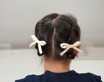 Ivory Satin Bow Hair Clips: Handmade Pigtail Accessories (Set of 2)