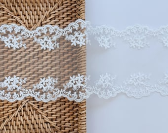 White Floral Embroidered Lace Trim, Scalloped Edge, 4.3" Wide