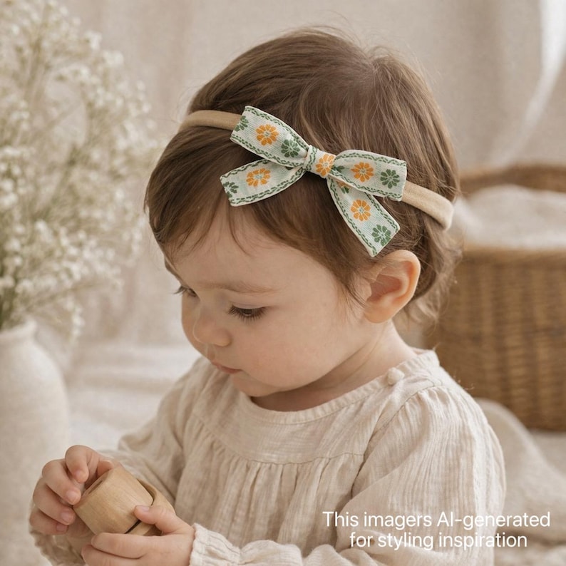 Floral Jacquard Bow Headband, Vintage Baby Hair Accessory, Boho Style image 3