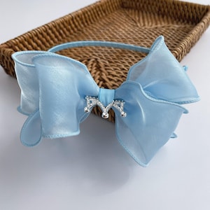 Blue Organza Bow Headband: Crystal Crown Tiara, Handmade in USA