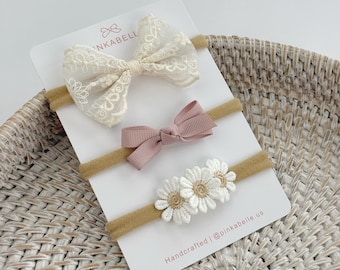 Neutral Baby Headband Set, Lace Daisy Grosgrain Bows, Newborn Boutique Hair Accessories