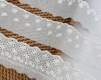White Cotton Eyelet Lace Trim: Floral Embroidered Fabric Ribbon
